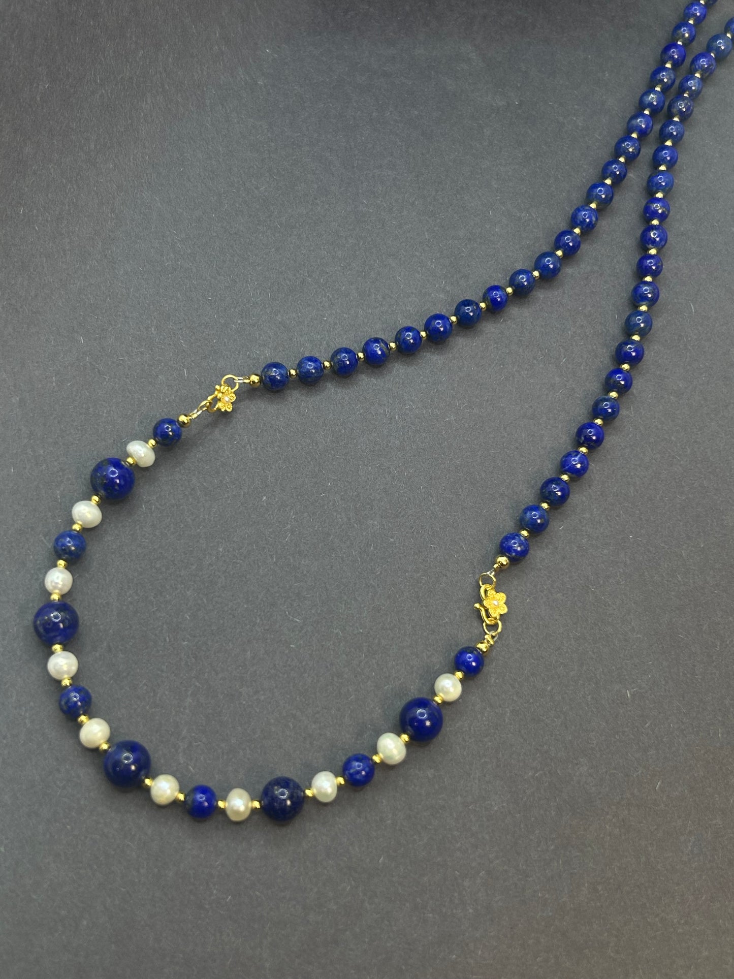 Multi-Way Lapis, Pearl & Gold Plated Sterling Silver Necklace | Convertible Necklace Bracelet Set | Choker, Layered, Long Necklace