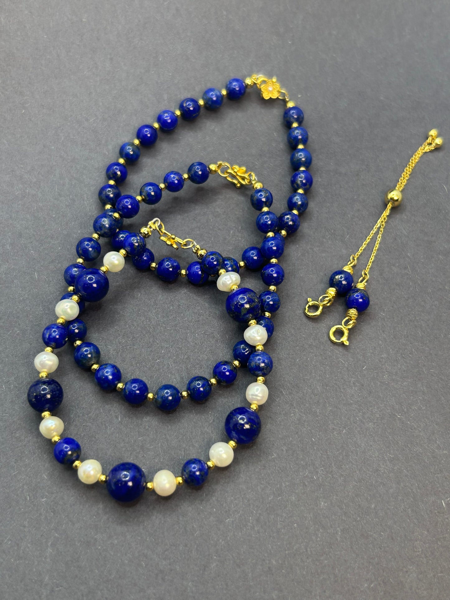 Multi-Way Lapis, Pearl & Gold Plated Sterling Silver Necklace | Convertible Necklace Bracelet Set | Choker, Layered, Long Necklace