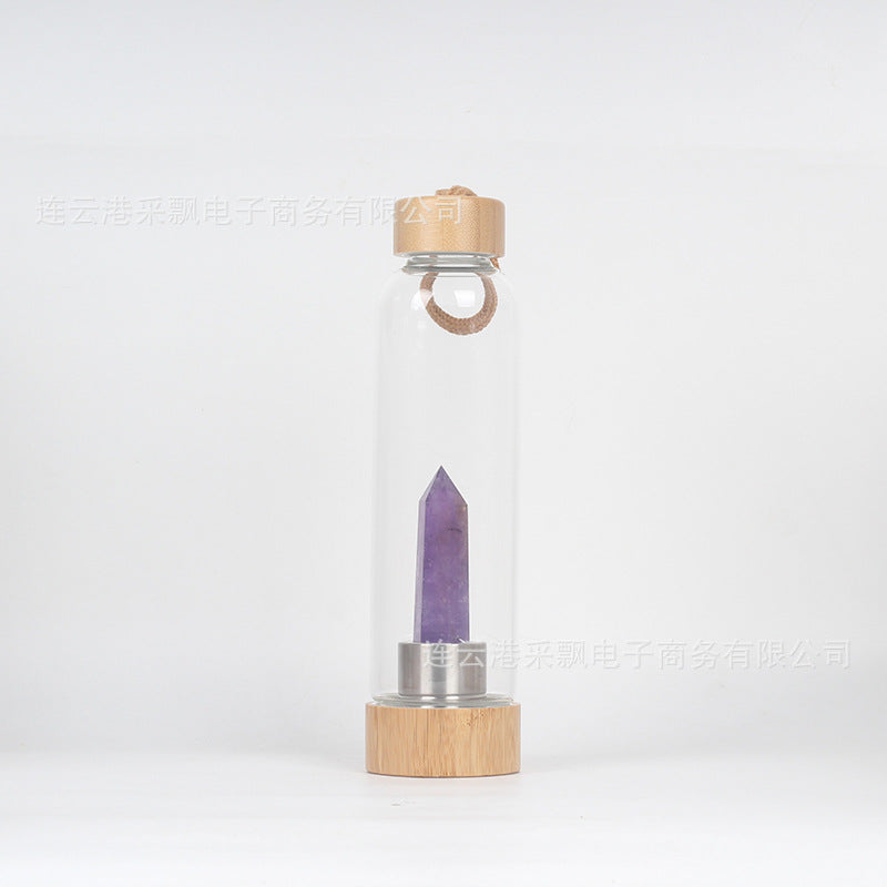 bamboo lid natural hexagonal prism crystal glass water bottle
