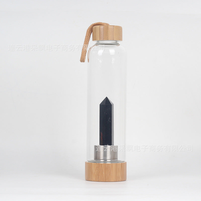 bamboo lid natural hexagonal prism crystal glass water bottle