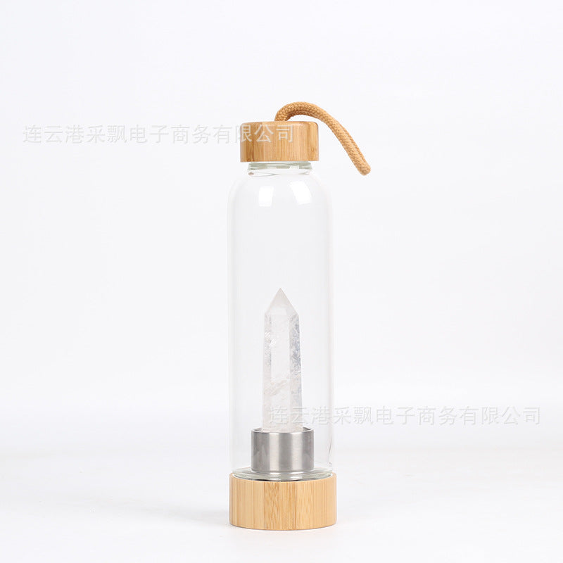 bamboo lid natural hexagonal prism crystal glass water bottle
