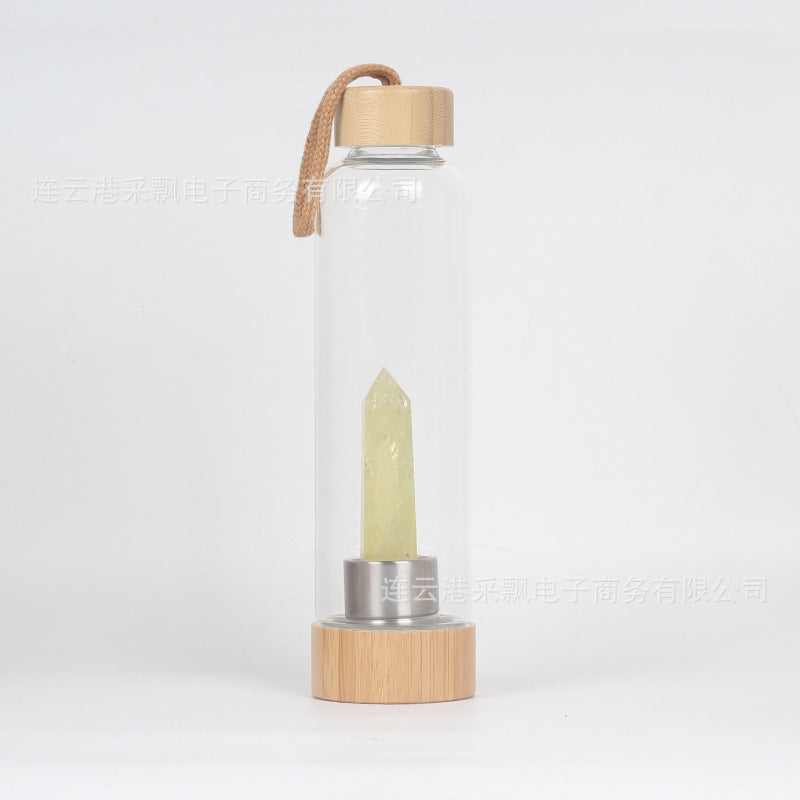 bamboo lid natural hexagonal prism crystal glass water bottle