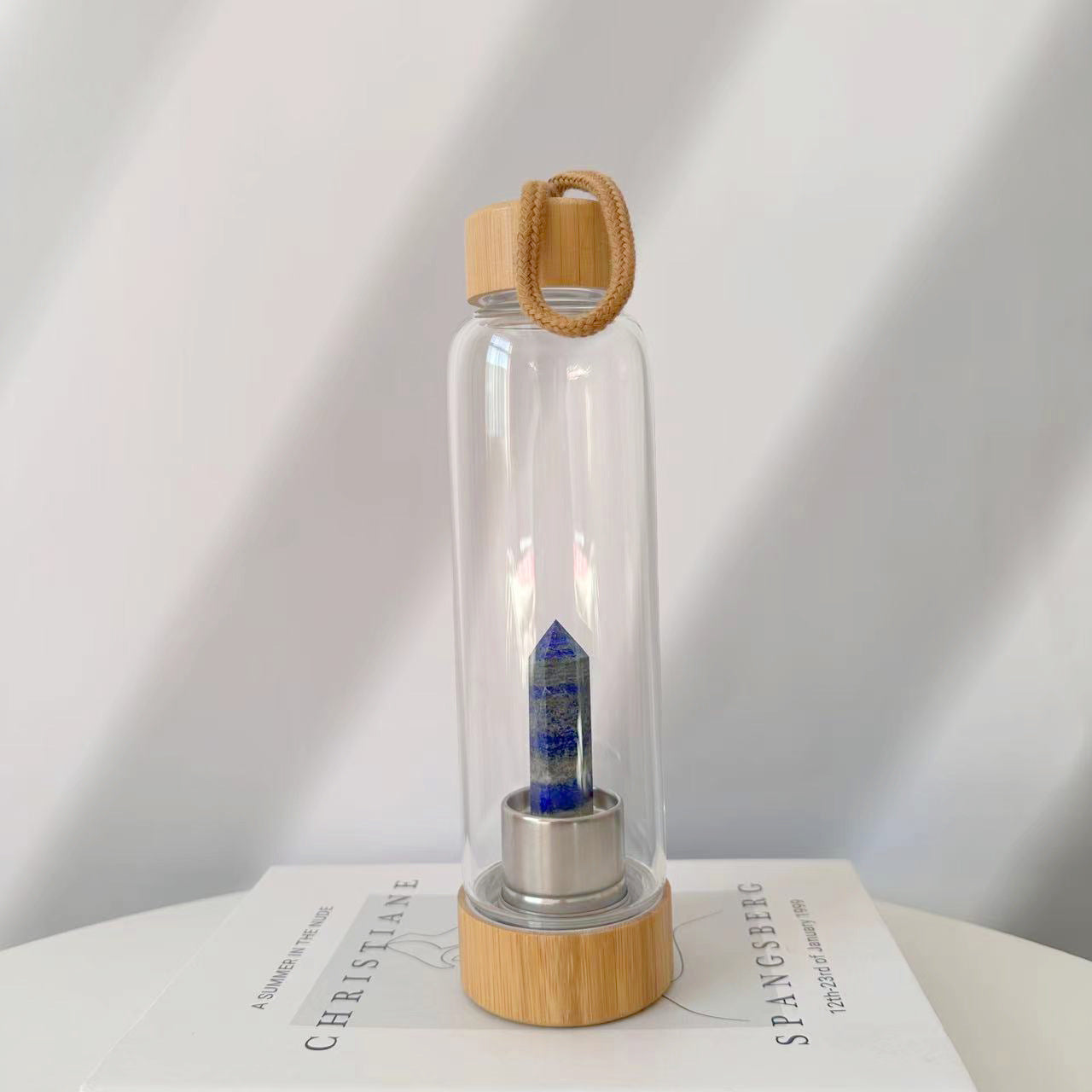 bamboo lid natural hexagonal prism crystal glass water bottle
