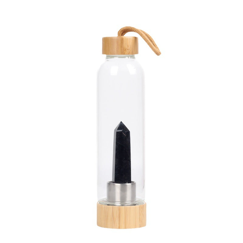 bamboo lid natural hexagonal prism crystal glass water bottle