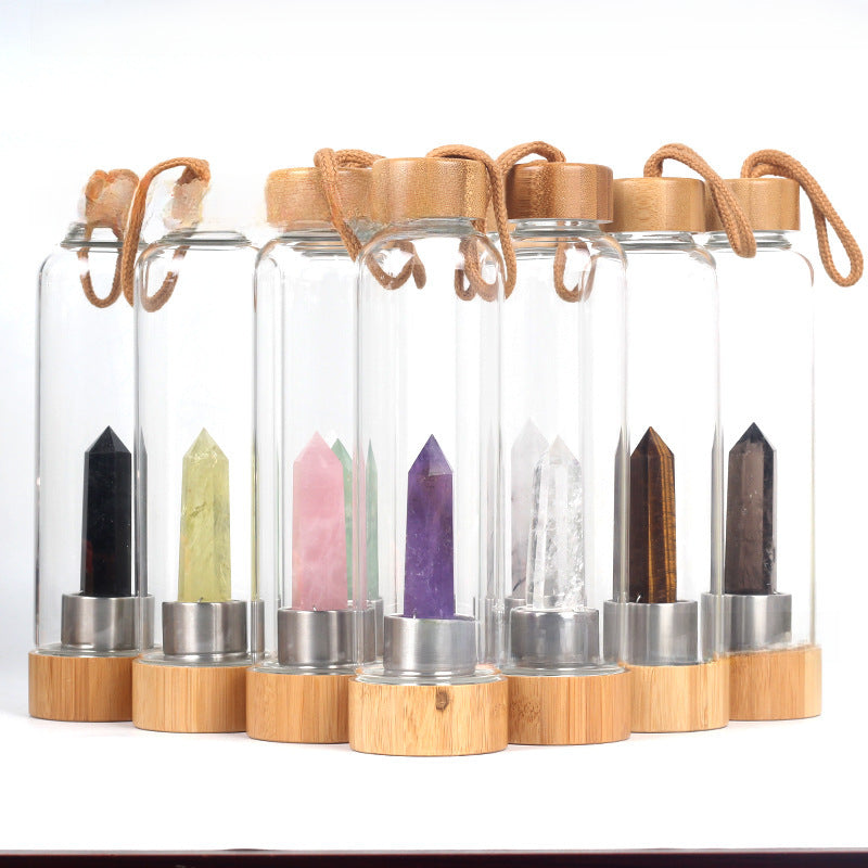 bamboo lid natural hexagonal prism crystal glass water bottle