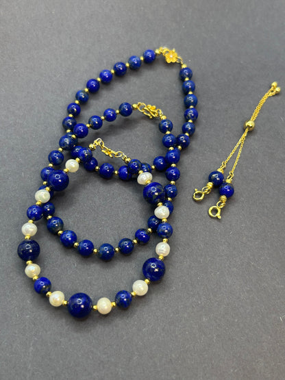 Multi-Way Lapis, Pearl & Gold Plated Sterling Silver Necklace | Convertible Necklace Bracelet Set | Choker, Layered, Long Necklace