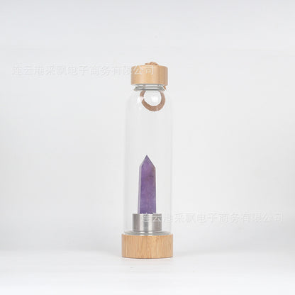 bamboo lid natural hexagonal prism crystal glass water bottle