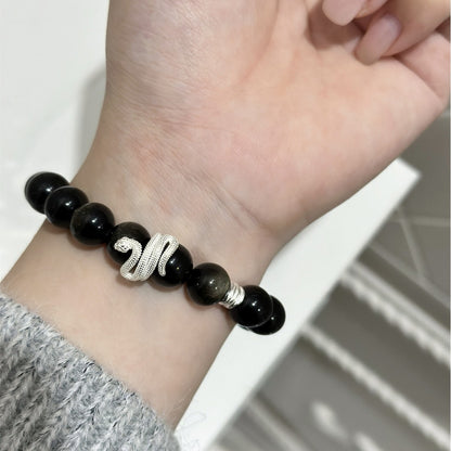 S925 sterling silver beckoning the Year of the Snake Natal Year bracelet female niche zodiac snake hand ornament gold obsidian curly snake bracelet