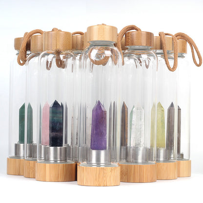 bamboo lid natural hexagonal prism crystal glass water bottle
