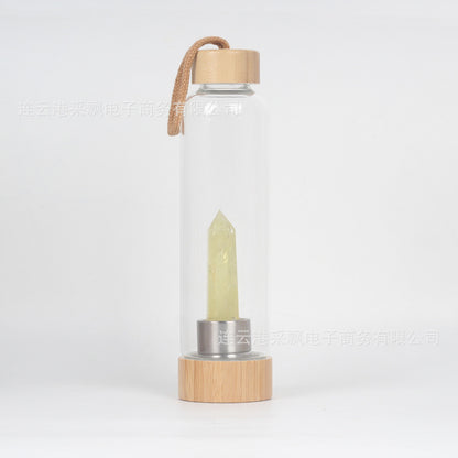 bamboo lid natural hexagonal prism crystal glass water bottle