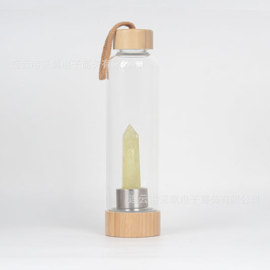 bamboo lid natural hexagonal prism crystal glass water bottle