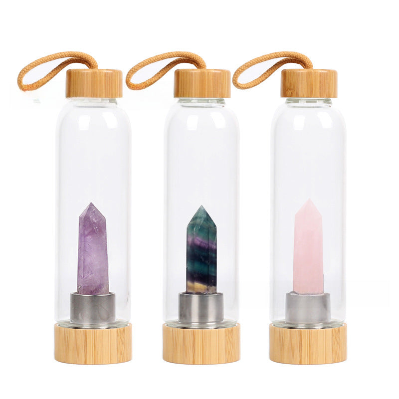 bamboo lid natural hexagonal prism crystal glass water bottle